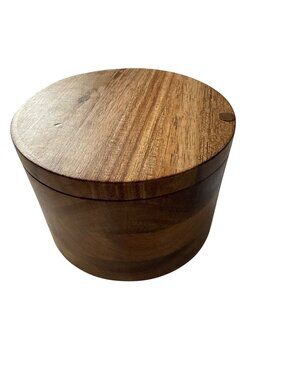 KitchenDao Acacia Wood Salt Box With Spoon & Magnetic Swivel Lid 4" X 3"
